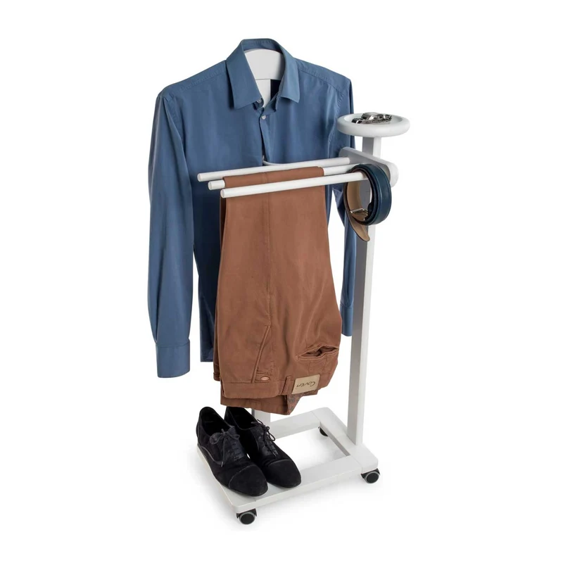 ARIT Antimo – Valet de chambre en hêtre blanc, cintre, 3 porte-pantalons, tablette de rangement et roulettes