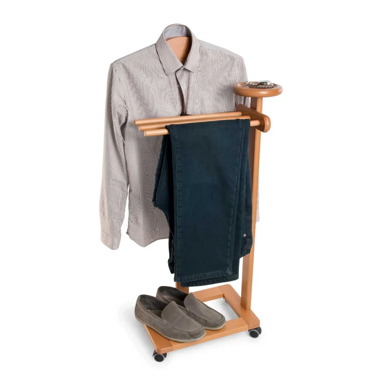 ARIT Antimo – Valet de chambre en hêtre, cintre, 3 porte-pantalons, tablette de rangement, roulettes, couleur cerisier
