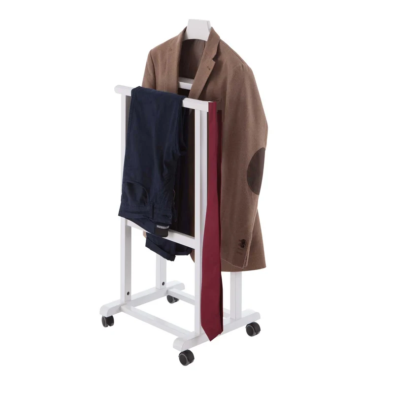 ARIT - Valet de Nuit MIRANO, Valet de Chambre Bois, Composé d'un cintre, d'un porte-pantalon et d'une tablette de rangement - Couleur blanche