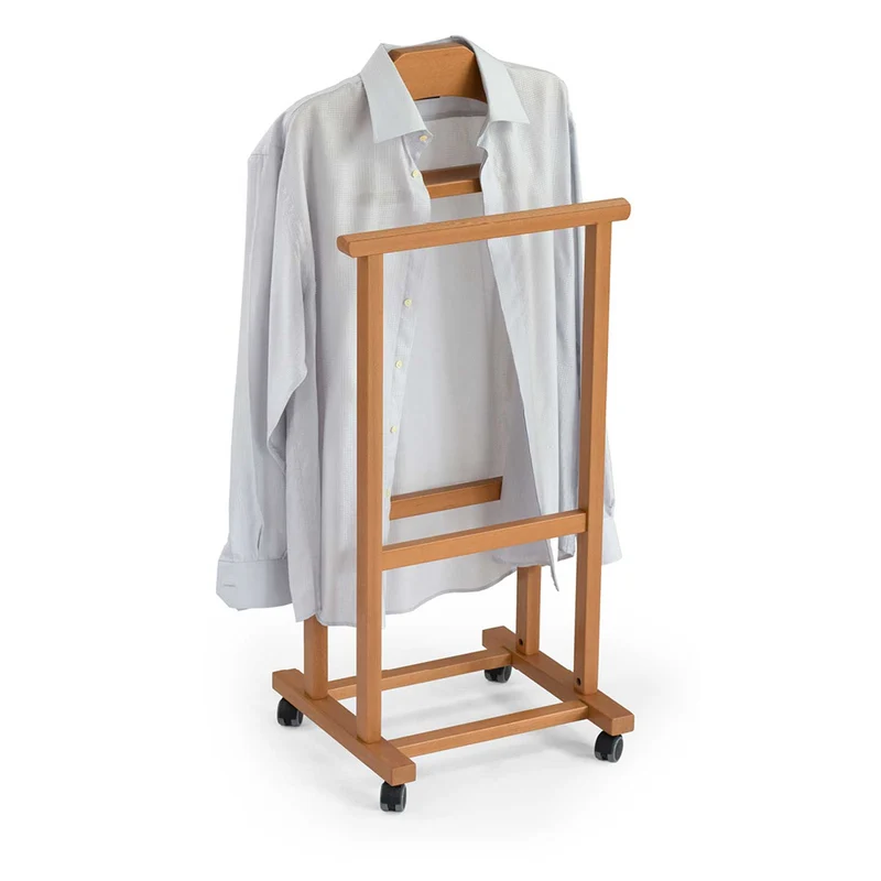 ARIT Mirano – Valet de chambre en hêtre massif avec cintre, porte-pantalon, tablette et roulettes, couleur cerisier