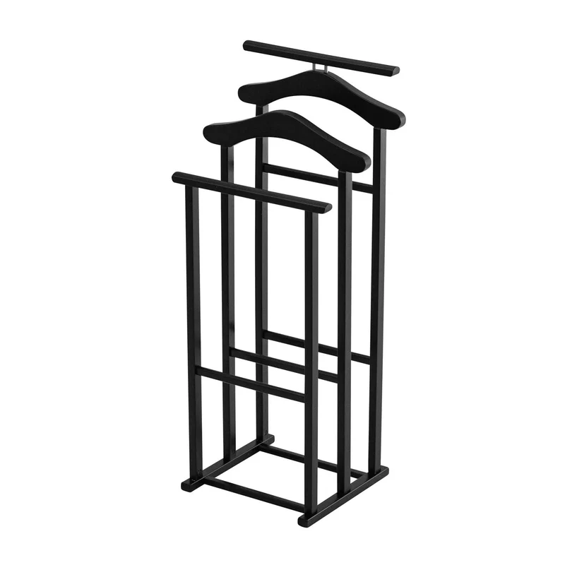 ARIT MAXI - Chevalet Vetement, Valet de Chambre Bois, composé de 2 cintres et de 2 porte-pantalons, pieds en caoutchouc à la base - Couleur noir