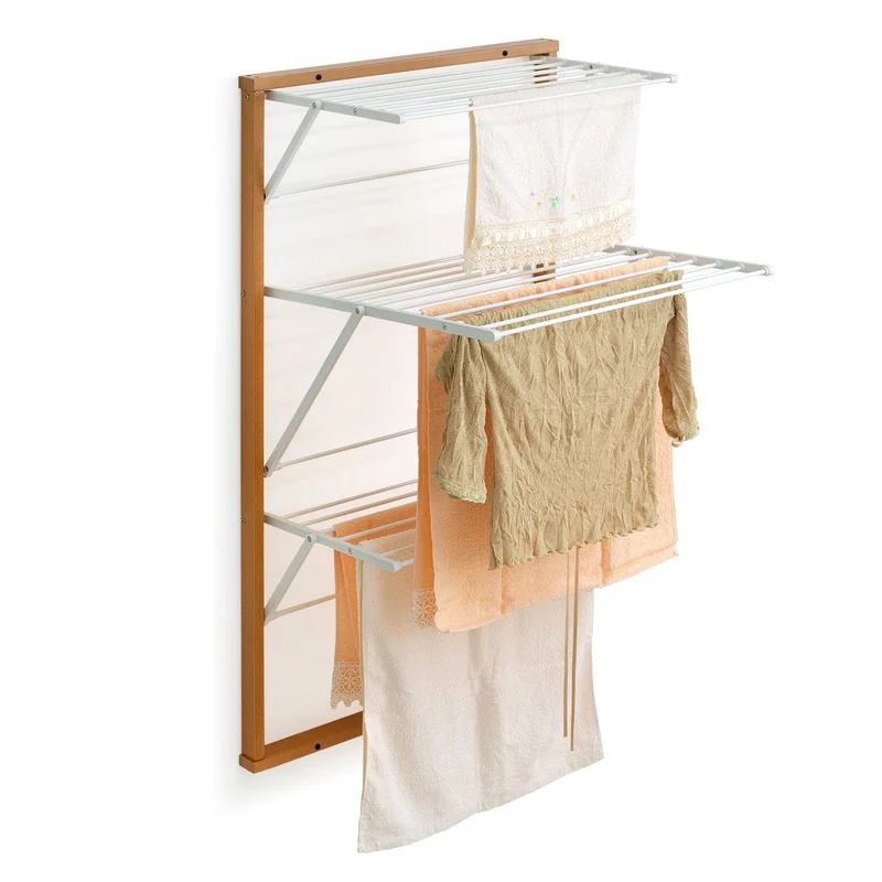 ARIT Karim – Étendoir à linge mural pliable, 15 m d’étendage, hêtre massif et aluminium, fabriqué en Italie