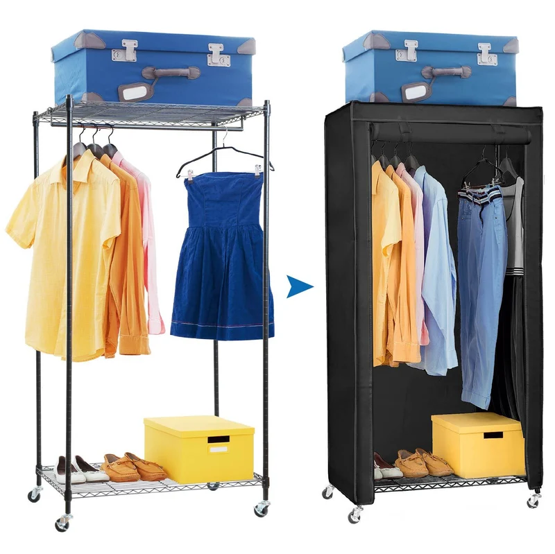 art moon Buffalo - Penderie tissu, armoire tissu avec roulettes, portant à vêtements solide jusqu’à 70 kg, range-chaussures, 75 × 45 × 156,5 cm, noir coton