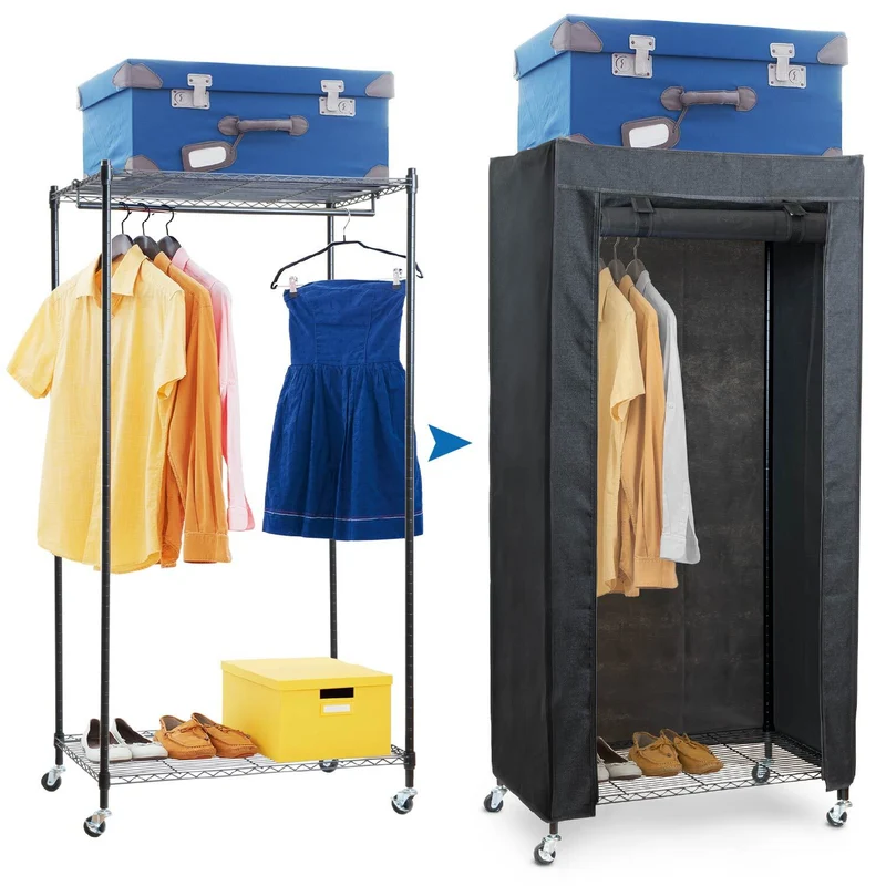 art moon Buffalo – Penderie en tissu sur roulettes avec 2 étagères et barre, jusqu’à 70 kg, 75 × 45 × 156,5 cm, aspect lin noir