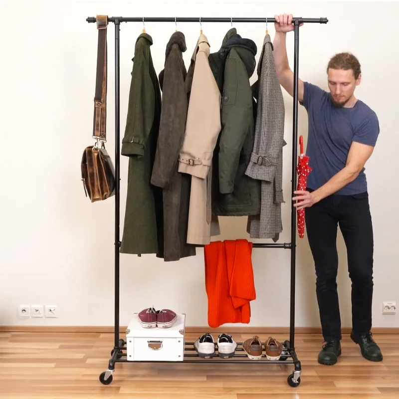 Tatkraft Drago – Portant à vêtements solide sur roulettes, 2 tringles, capacité 110 kg, étagère à chaussures, métal noir