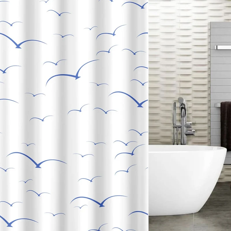 Tatkraft Seagulls – Rideau de douche textile imperméable et antibactérien en polyester, 180 × 180 cm, avec 12 anneaux