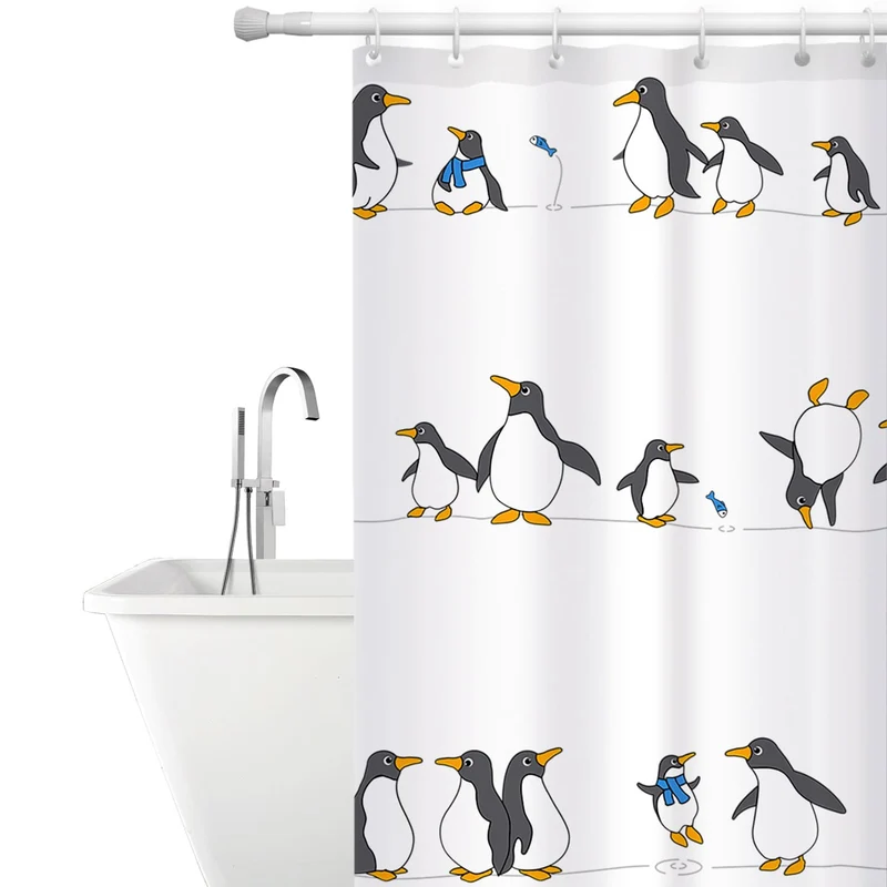 Tatkraft Penguins Rideau de Douche Imperméable, Tissu Polyester, 12 Anneaux Inclus, Design Lumineux, 180x180 cm
