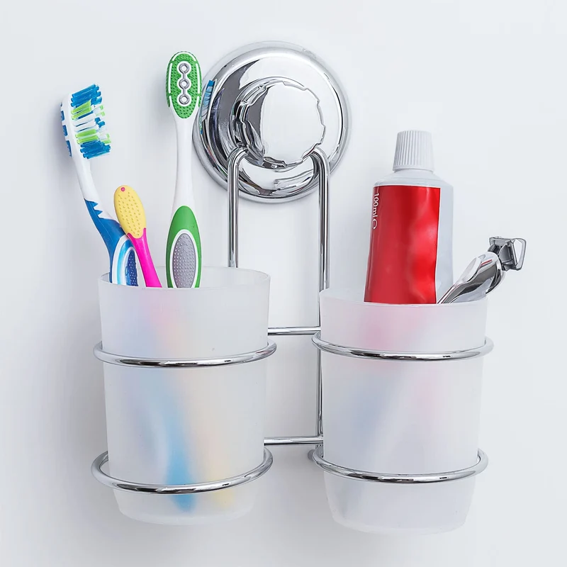 Tatkraft Odr Porte-Brosses à Dents Mural avec 2 Gobelets, Support Gobelets à Ventouse pour Salle de Bain Cuisine