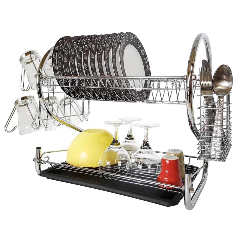 Tatkraft Helga – Égouttoir à vaisselle 2 niveaux en acier chromé pour 17 assiettes et 6 tasses, accessoires amovibles