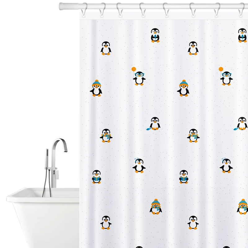 Tatkraft Funny Penguins Rideau de Douche Imperméable, Tissu Polyester, 12 Anneaux Inclus, Design Lumineux, 180x180 cm