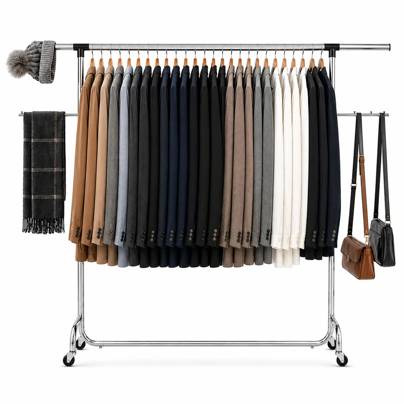 Tatkraft Falcon – Portant à vêtements solide sur roulettes, largeur et hauteur réglables, capacité 80 kg, jusqu’à 45 cintres, acier chromé