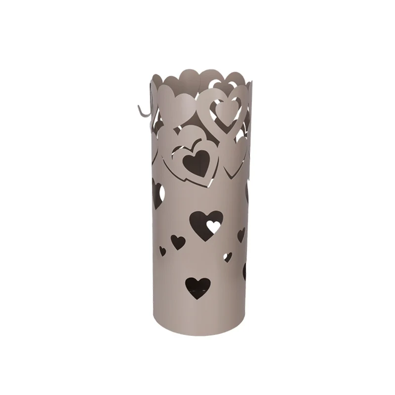 Porta Ombrelli in Metallo Cuore, Contenitore per Ombrelli con Vaschetta Scolapioggia e 1 Gancetto, diametro 19 cm altezza 49cm, Tortora