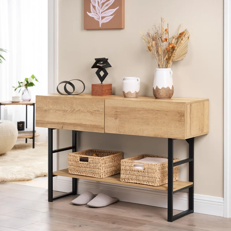 Tavolo Consolle Varberg con Cassetti e Ripiano 75 x 120 x 30 cm - Effetto Rovere [en.casa]