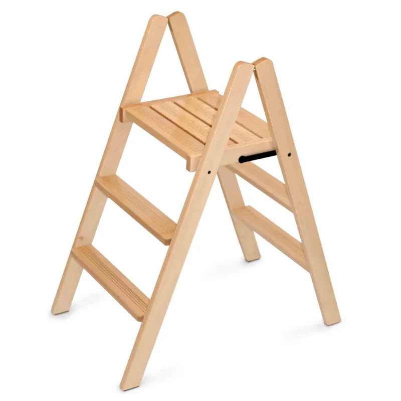 Scaletta 3 gradini DOROTEA, Sgabello pieghevole, dotato di 2 gradini e ampia piattaforma, Scaletta legno, naturale
