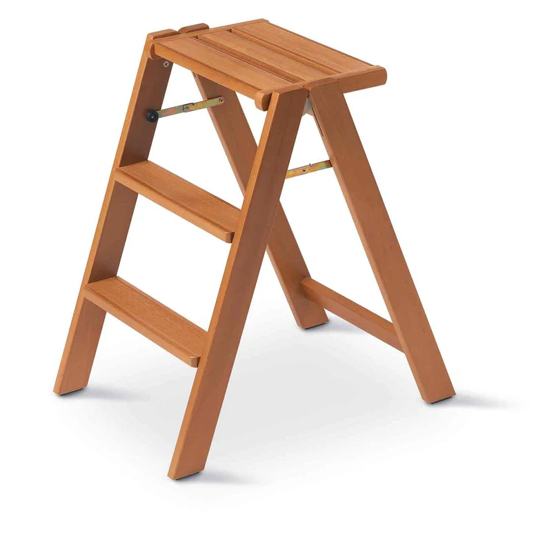 Scaletta 3 gradini OSIMO, Sgabello pieghevole, dotato di 2 gradini e ampia piattaforma, Scaletta legno, ciliegio