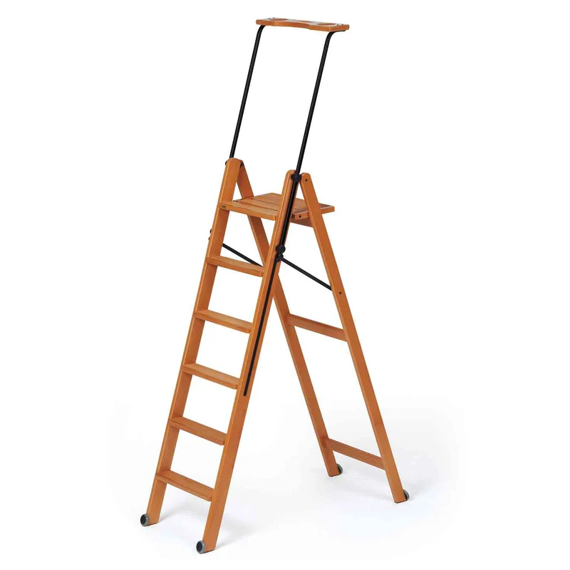 Scala TUSCANIA 6, gradini antiscivolo, sistema di sicurezza, vano portaoggetti superiore, ruote, Scaletta legno, ciliegio