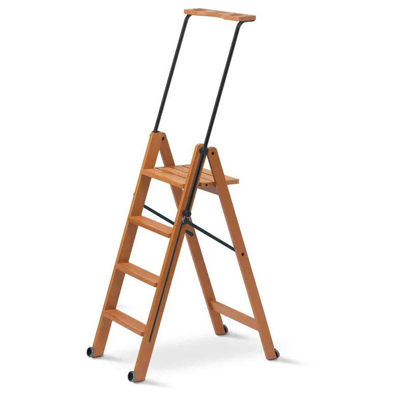 Scala pieghevole, Scaletta legno, TUSCANIA 4, gradini antiscivolo, sistema di sicurezza, vano portaoggetti superiore, ruote