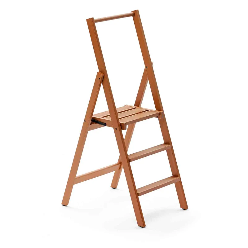 Scala Pieghevole KIMORA 3, gradini antiscivolo, ampia pedana, piedini alla base, Scaletta legno, ciliegio