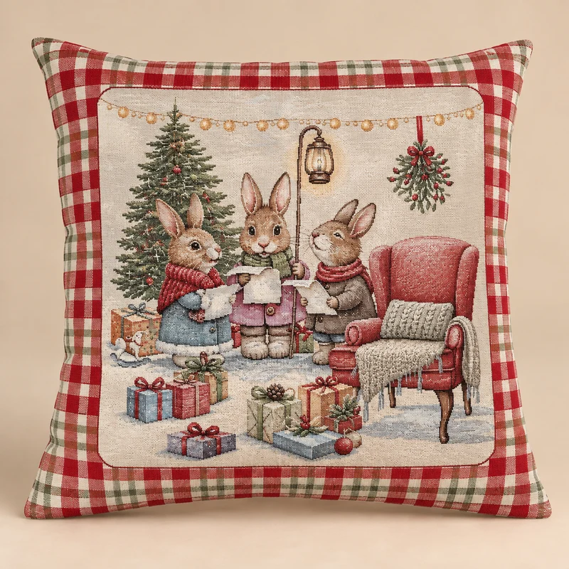 Federa Cuscino Gobelin Holly Coniglietti Natalizi 45 x 45 cm