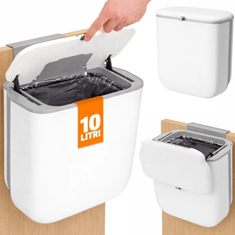 Pattumiera Cucina 10L da Appendere 28x8,5x29,5 cm Salvaspazio con Coperchio a Doppia Apertura in PP Bianco