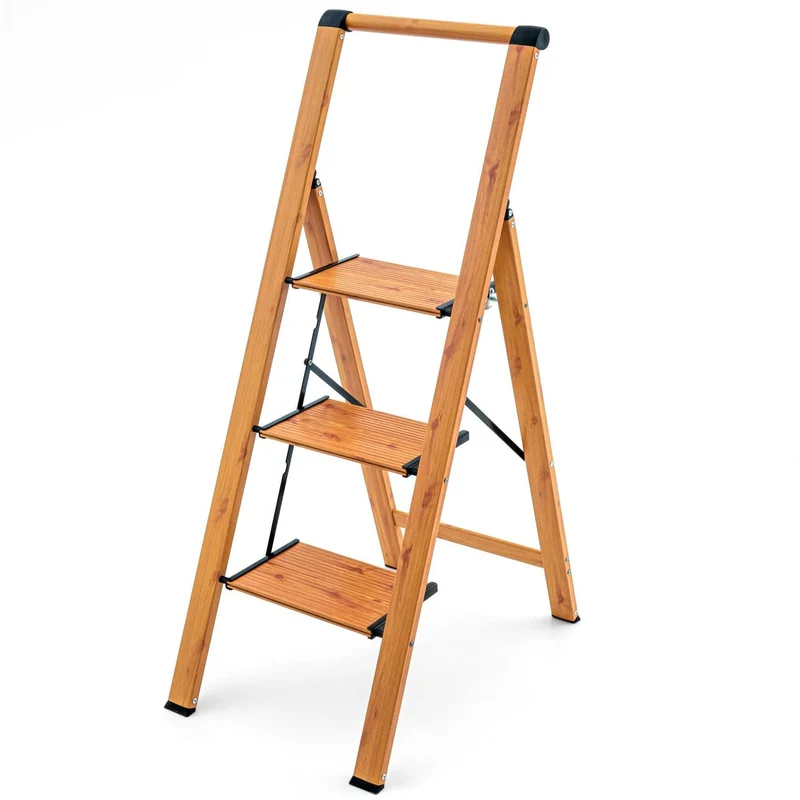Tatkraft Up - Scala 3 gradini, antiscivolo, Scala in alluminio, leggero e robusto, portare fino a 150 kg, Scaletta pieghevole, Effetto legno