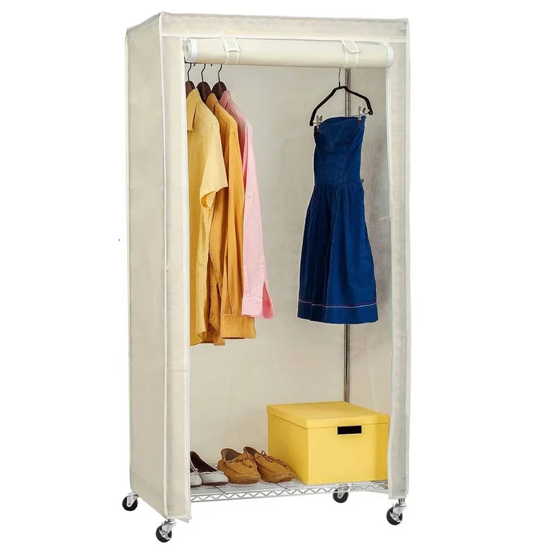 art moon Buffalo - Armadio in Tessuto, Resistente, Armadio con Ruote, portata 70kg, Struttura in acciaio cromato, 75x45x156.5 cm, con Copertura Crema