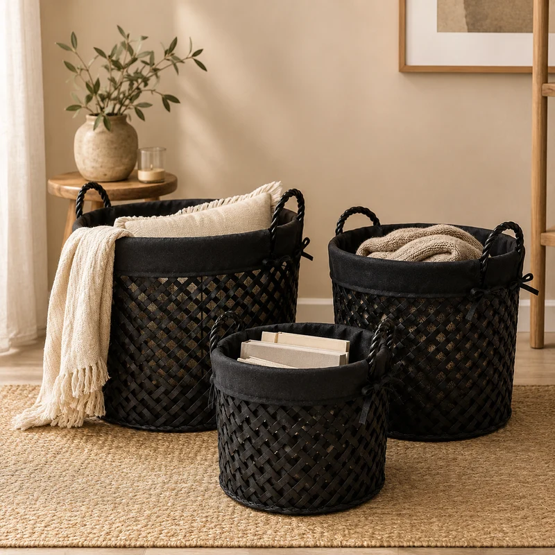 Cesto Rotondo Nero con Tessuto e Manici in Rattan – Disponibile in 3 Dimensioni