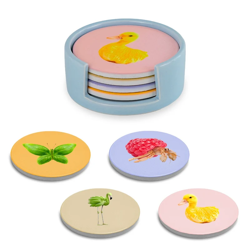 Set 4 sottobicchieri con Contenitore - Ceramica Decori Assortiti