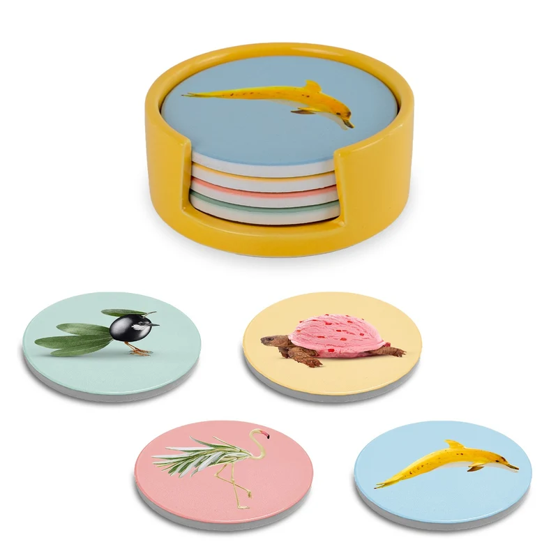 Set 4 sottobicchieri con Contenitore - Ceramica Decori Assortiti