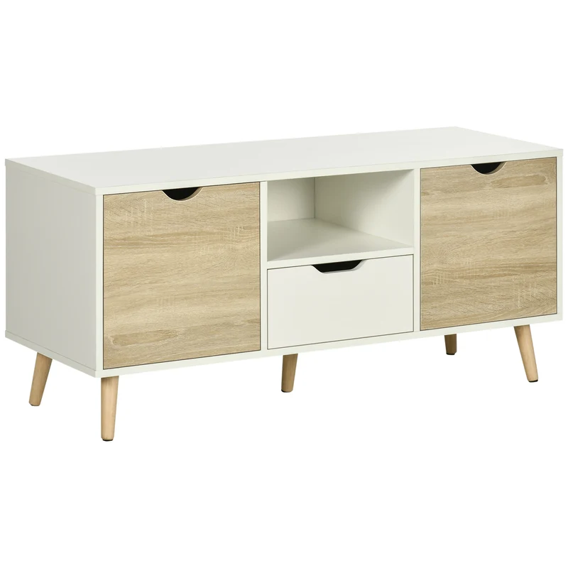 Easycomfort Mobile TV Moderno max 50" in Truciolato con Cassetti, Ripiani Aperti e Armadietti, 110x40x50 cm, Bianco e Colore Legno
