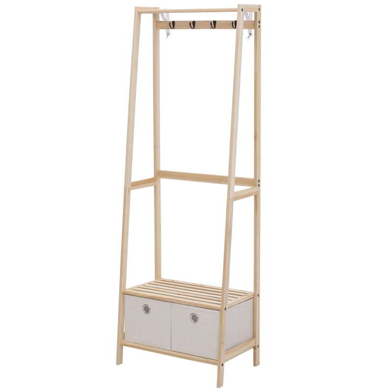 Easycomfort Appendiabiti in Legno Naturale con 4 Ganci, 3 Mensole e 2 Cassetti in Tessuto, 58x36x168cm