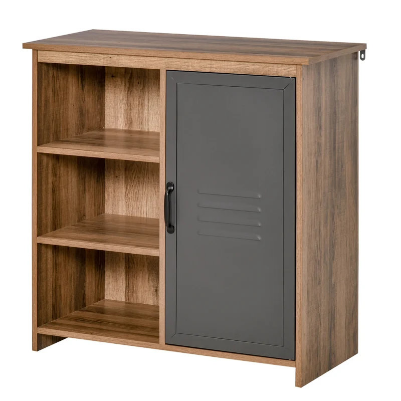 Easycomfort Mobiletto Multiuso con Ripiani e Armadietto in Legno con Anta in Metallo, Mobile per Soggiorno e Cucina, 80x35x82cm, Marrone Grigio