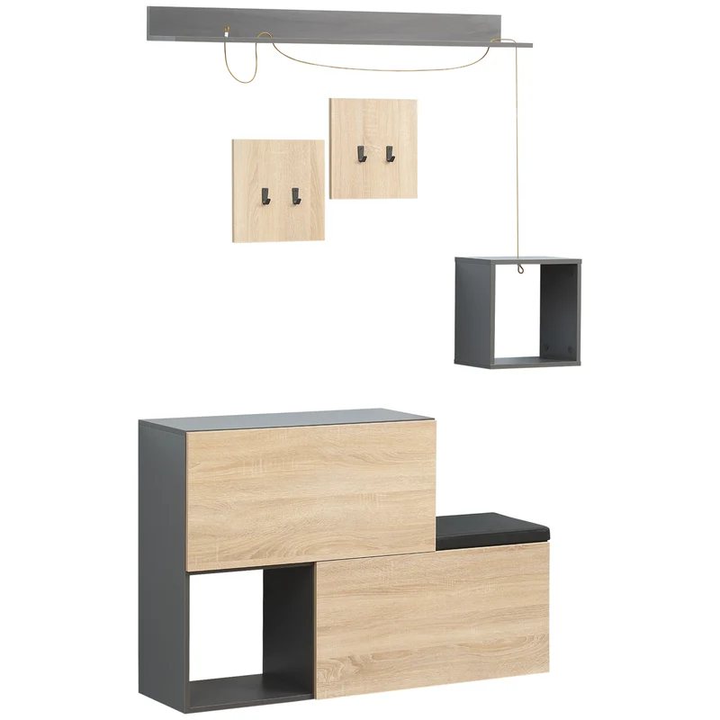 EasyComfort Set Mobile da Ingresso con Attaccapanni, Scarpiera con Panca e Scaffale, Grigio e Naturale