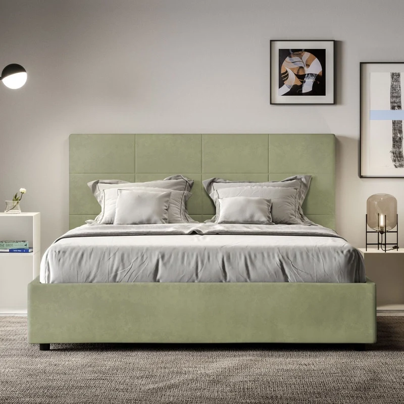 Letto imbottito Letto Matrimoniale alla Francese 150x210 cm Mika - Con rete,Microfibra,Tè verde