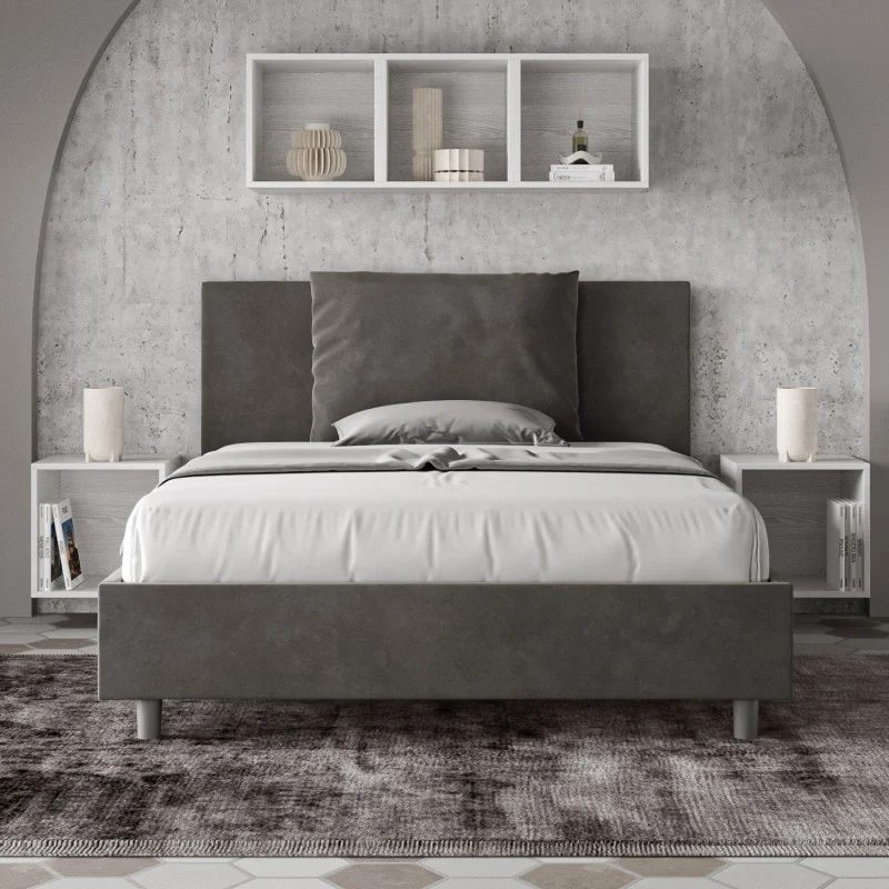 Letto imbottito Piazza e mezzo 130x200 cm Antea - Contenitore,Microfibra,Grigio