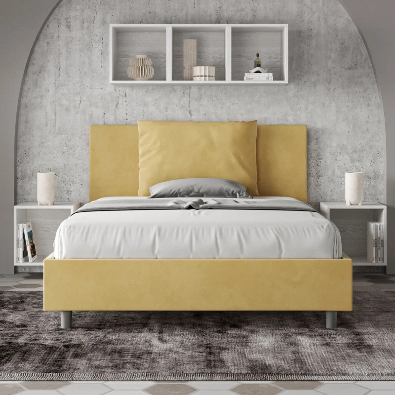 Letto imbottito Piazza e mezzo 130x190 cm Antea - Contenitore,Microfibra,Ocra