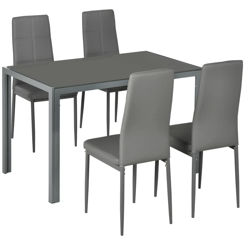 EasyComfort Set da Pranzo 5 Pezzi con 1 Tavolo da Pranzo e 4 Sedie Moderne in Similpelle, Metallo e Vetro Temperato, Grigio