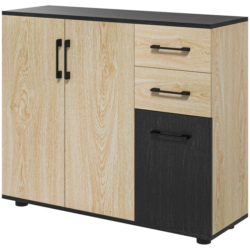 EasyComfort Credenza Moderna con 2 Armadietti e 2 Cassetti in Legno, 90x30x75.5cm, Noce e Nero