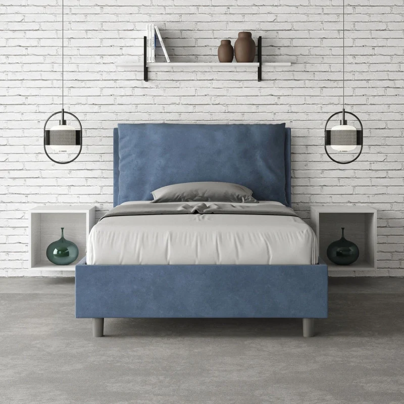 Letto imbottito Piazza e mezzo 120x190 cm Large - Con rete,Microfibra,Blu
