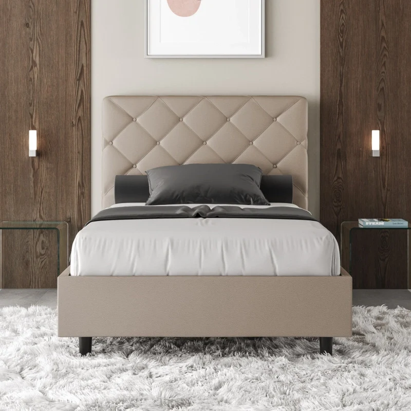 Letto imbottito Piazza e mezzo 110x200 cm Priya - Similpelle,Tortora,Con rete
