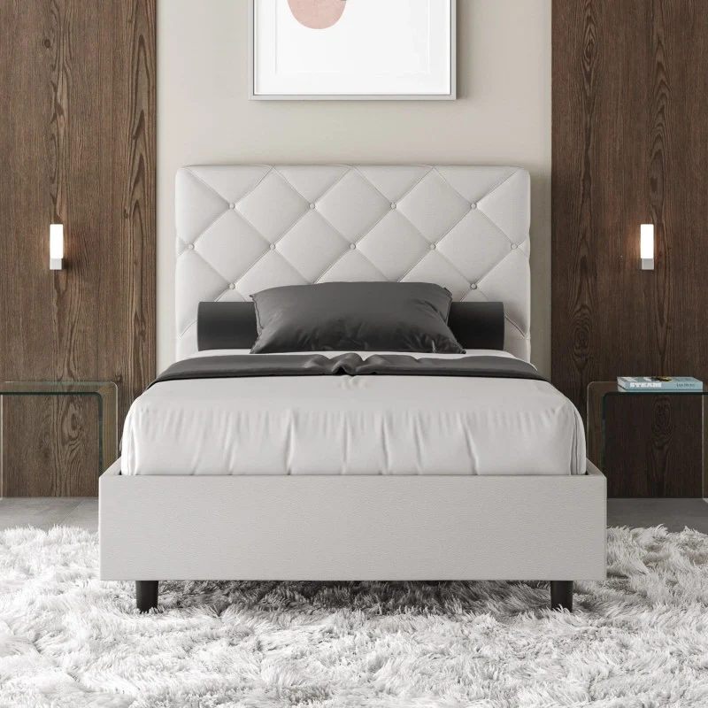 Letto imbottito Piazza e mezzo 110x200 cm Priya - Bianco,Similpelle,Contenitore