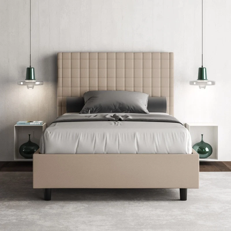 Letto imbottito Piazza e mezzo 110x190 cm Sunny - Similpelle,Tortora,Con rete