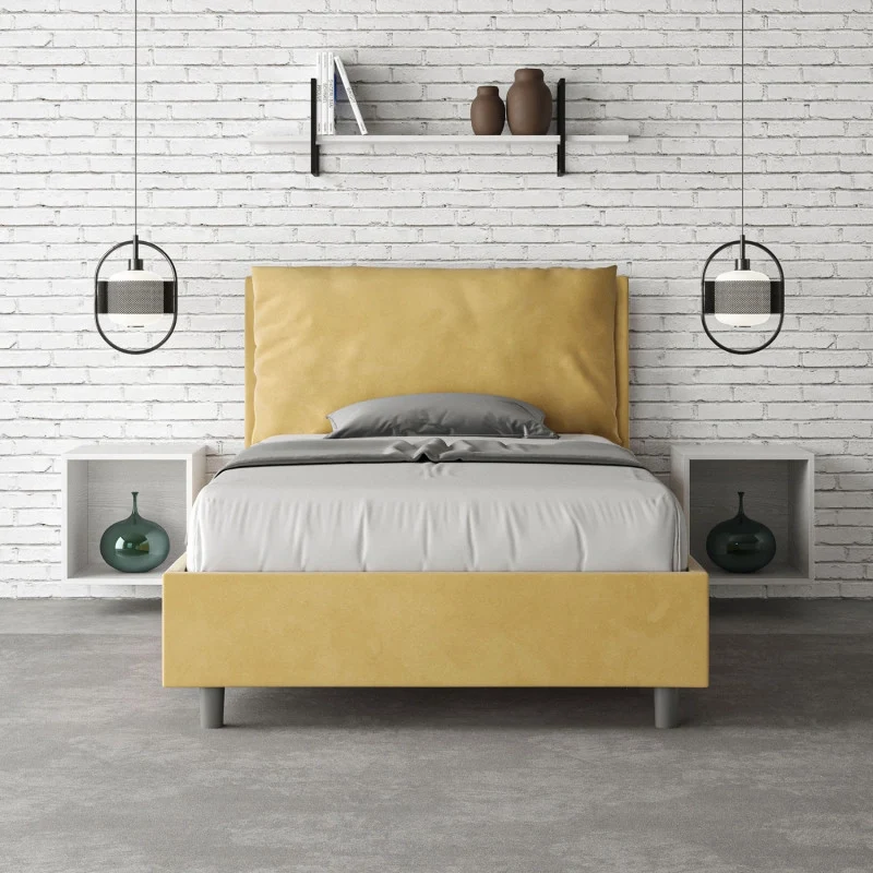 Letto imbottito Piazza e mezzo 110x210 cm Large - Con rete,Microfibra,Ocra