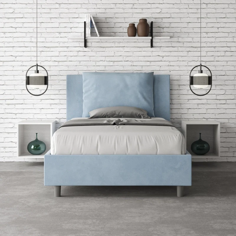 Letto imbottito Piazza e mezzo 110x200 cm Antea - Con rete,Microfibra,Azzurro