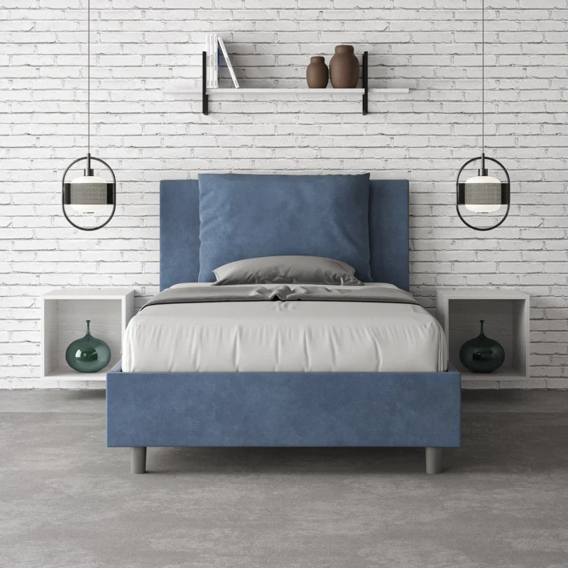 Letto imbottito Piazza e mezzo 110x190 cm Antea - Contenitore,Microfibra,Blu