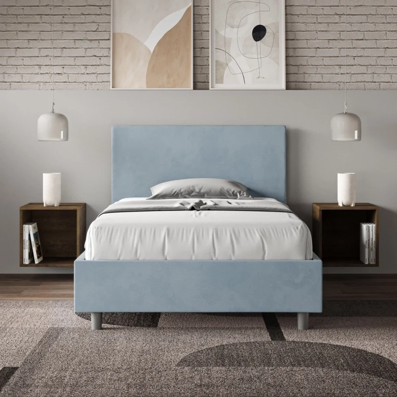 Letto imbottito Piazza e mezzo 110x210 cm Adele - Senza rete,Microfibra,Azzurro