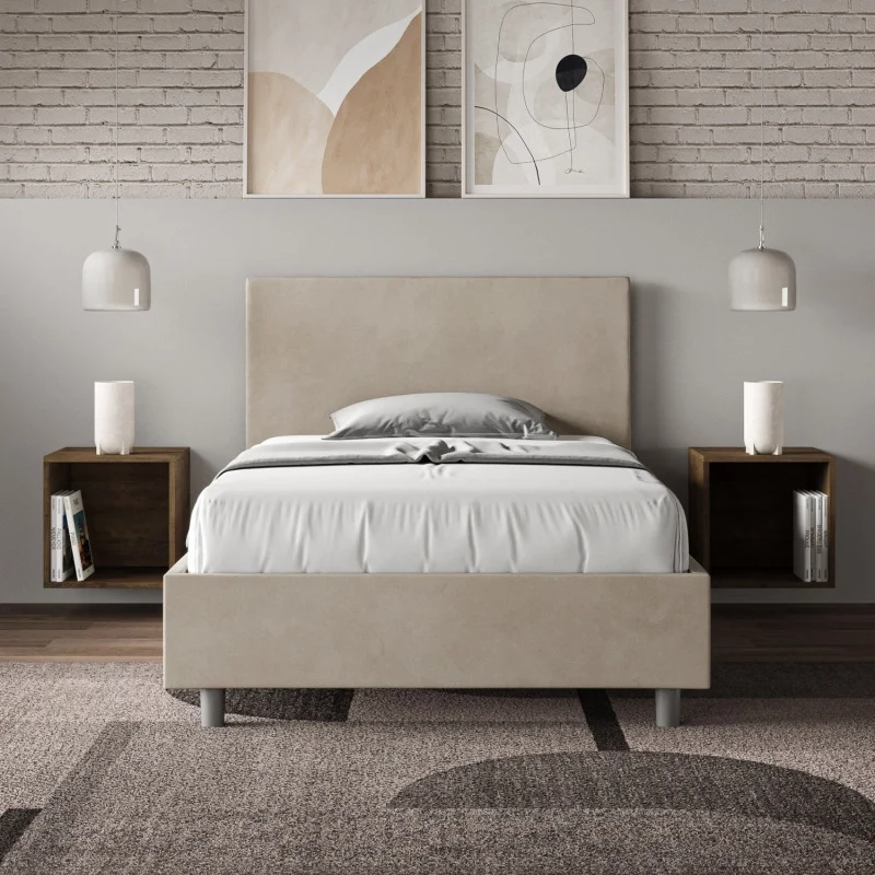 Letto imbottito Piazza e mezzo 110x200 cm Adele - Senza rete,Microfibra,Sabbia