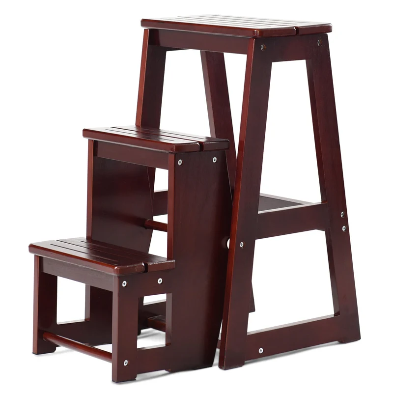 Costway - Scala Pieghevole, Scala Pieghevole Pino Multiuso, Sgabello Scaletta a 3 Gradini, Portata 130kg, 57x38x65cm, Caffè