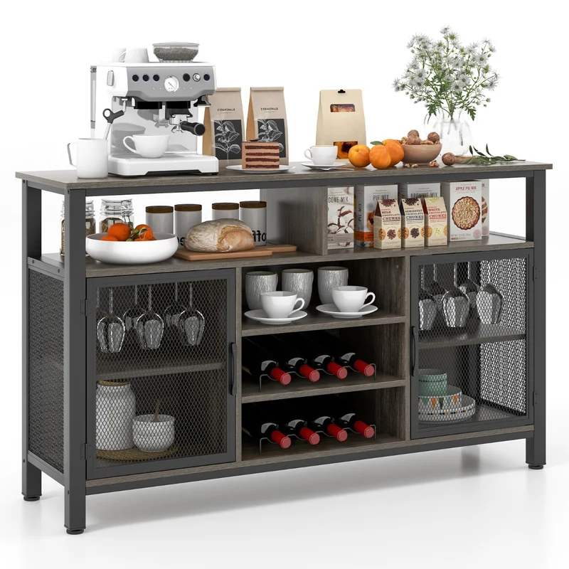 Costway - Buffet, Porta bottiglie vino, Credenza per vino da 140cm, portabottiglie per 8 bottiglie, Mobiletto per caffè, porte in rete metallica
