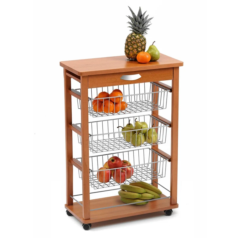 ARIT - Carrello cucina RAIKON, Carrello cucina legno, con piano di lavoro in faggio massiccio, 3 cestini e ampio cassetto - Colore Ciliegio